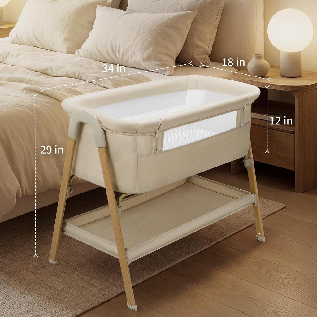Uuoeebb Baby Bassinet, Bedside Bassinet for Baby, 2-in-1 Bedside Sleeper with Mattress, Half-Mesh Breathable Design, 4 Auto-Lock Wheels, Storage Basket, Easy Assembly (Khaki)