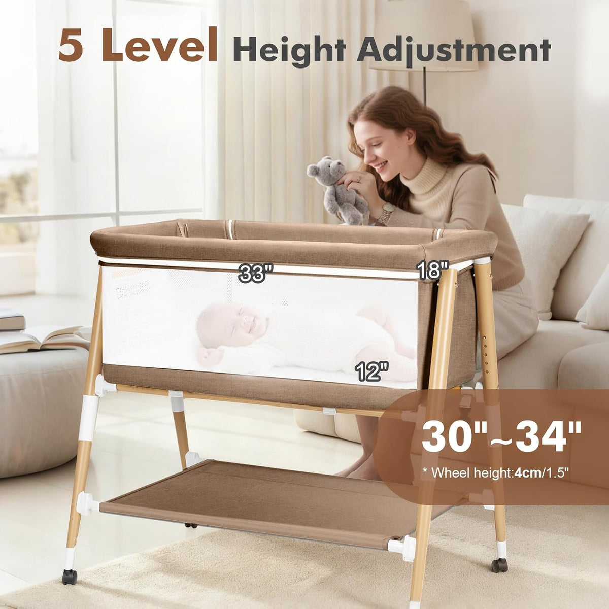 Baby Bassinet, 3 in 1 Bedside Bassinet Sleeper for Newborn, Portable Baby Crib with 4 Detachable Wheels & Adjustable Height, Breathable Mesh & Mattress, Mosquito Net& Storage Basket (Khaki)