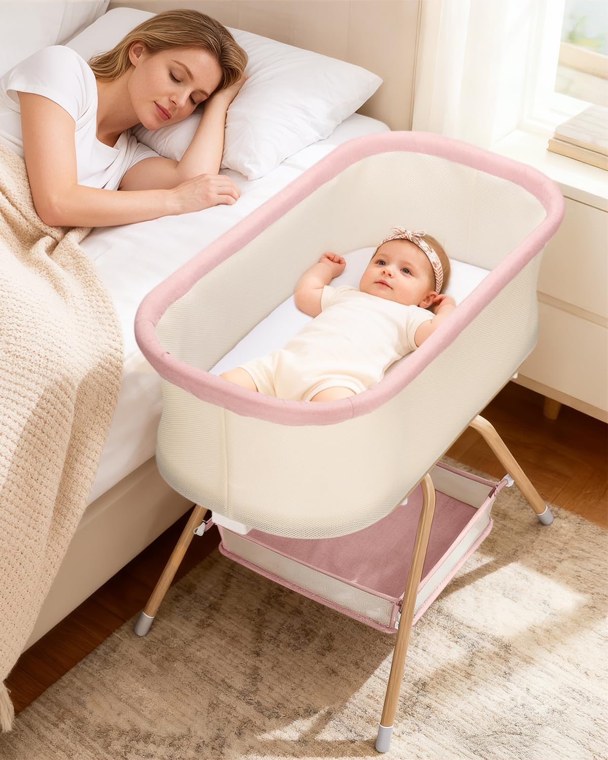 3 in 1 Baby Bassinet, Rocking Bedside Bassinet for Baby with Mesh Design & Soft Mattress, Bassinet Bedside Sleeper for Newborn Infant，Portable Nest with Storage Basket, Easy Assemble & Folding Beige