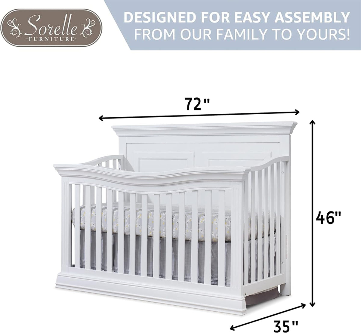Sorelle Furniture Paxton Crib, Classic 4-In-1 Convertible Crib, Made of Wood, Non-Toxic Finish, Wooden Baby Bed, Toddler Bed, Child’s Daybed and Full-Size Bed, Nursery Furniture - White