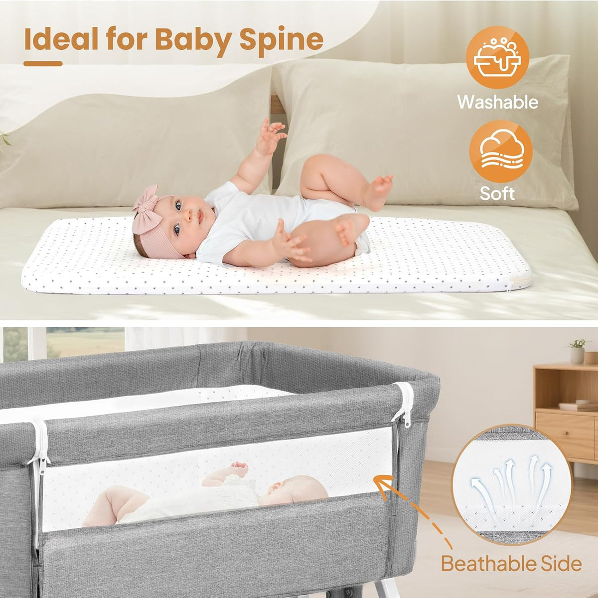 JOYMOR 3 in 1 Baby Bassinet, Bedside Bassinet for Baby, with Comfy Mattress and Wheels, 6 Height Adjustable Easy Folding Portable Bedside Crib for Newborn (Gray)