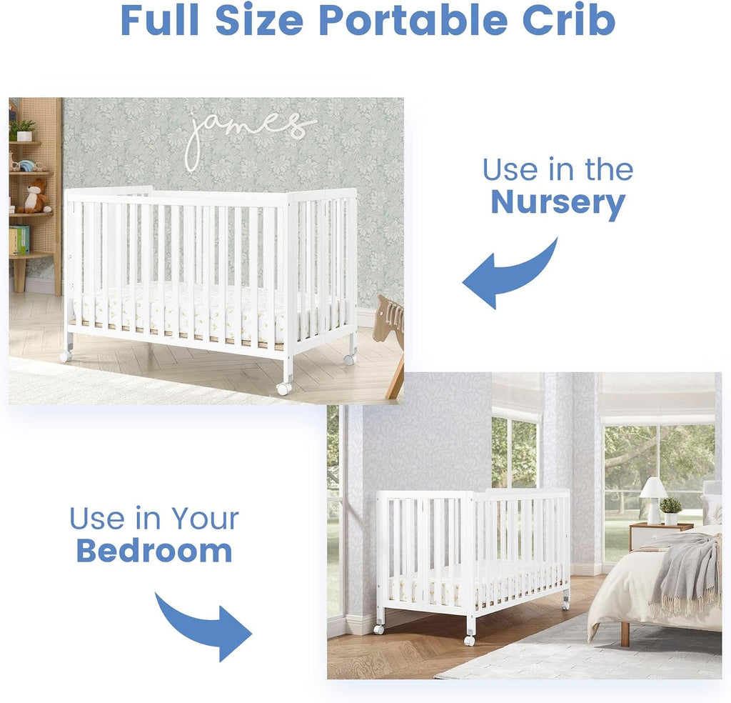 Simmons Kids Aria Full Size Portable Folding Crib - Greenguard Gold Certified, Bianca White