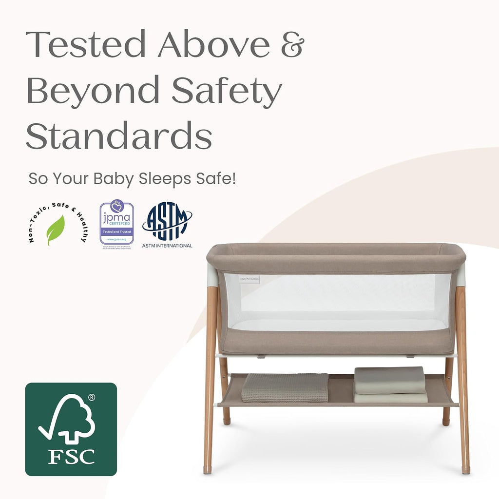 Delta Children Bondi Beechwood By The Bed Bassinet with PureAir Breathable Mesh Sheet and FSC-Certified Wood, Tan