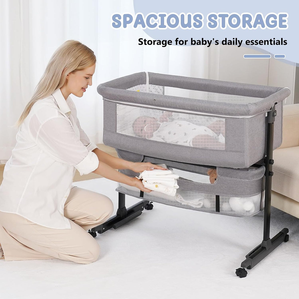 Semphis Baby Bassinet, 3 in 1 Bassinets Bedside Sleeper, Adjustable Height Bedside Sleeper with Rocking Mode, Breathable Mesh, Storage Basket, Wheels, Easy Assemble & Folding (Gray)