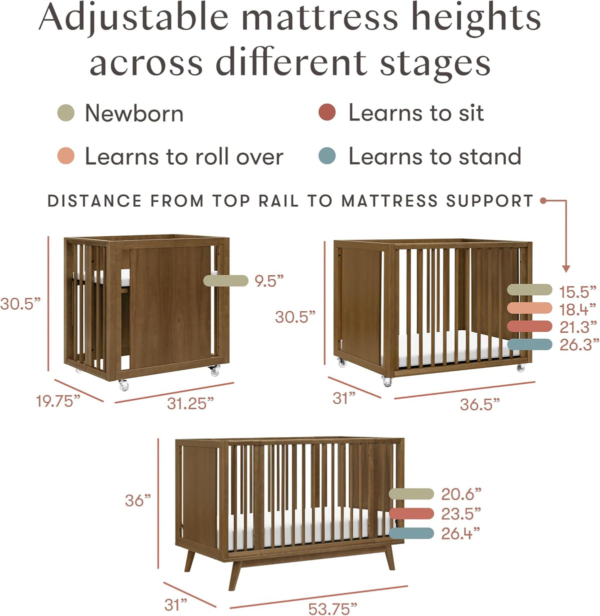 Babyletto Palma 8-in-1 Convertible All-Stages® Bassinet to Full-Size Crib in Natural Walnut, Greenguard Gold & FSC Certified, Portable & Adjustable with Select Conversion kit and Pads Included