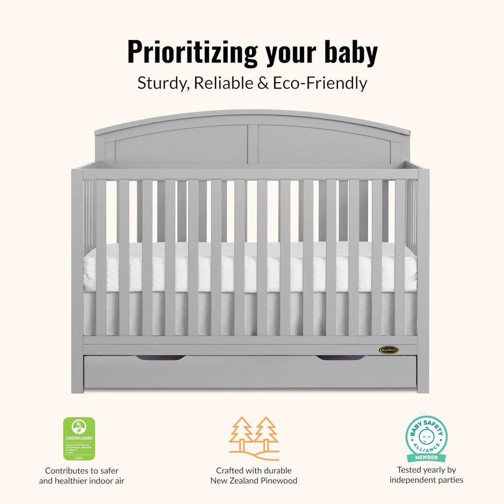 Dream On Me Storybrooke 5-in-1 Convertible Full-Size Crib with Under Drawer, Pebble Grey, GreenGuard Gold & BSA, Convert to Toddler, Day & Full-Size Bed, 3 Mattress Heights, Sustainable Pinewood