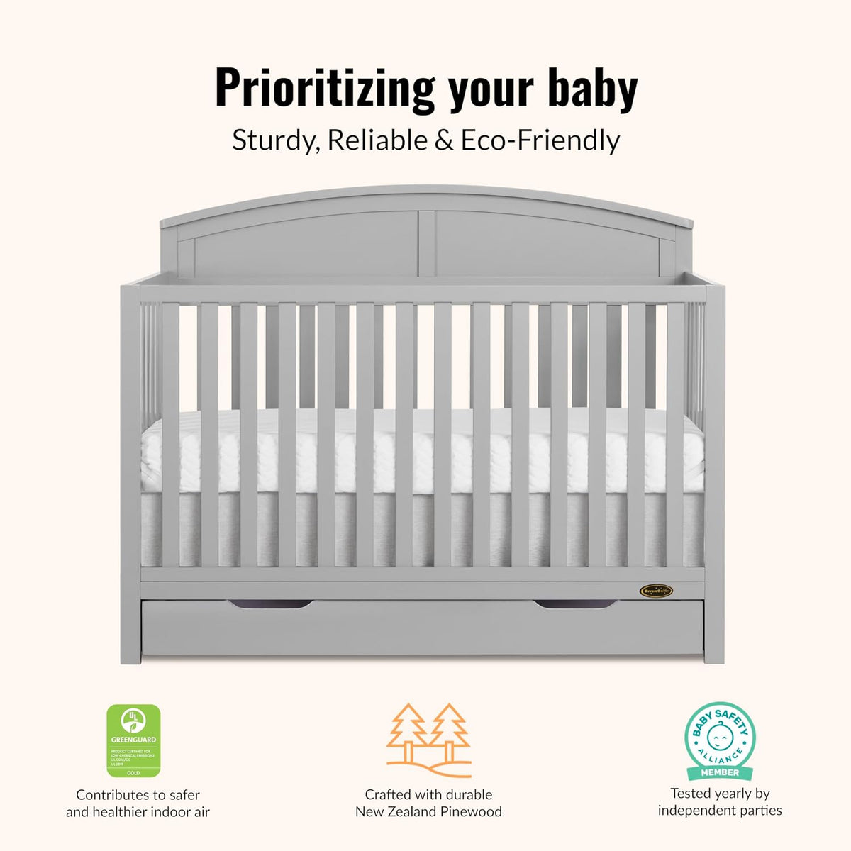 Dream On Me Storybrooke 5-in-1 Convertible Full-Size Crib with Under Drawer, Pebble Grey, GreenGuard Gold & BSA, Convert to Toddler, Day & Full-Size Bed, 3 Mattress Heights, Sustainable Pinewood