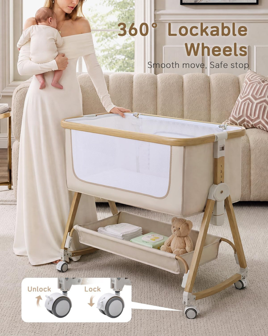 Baby Bassinet, Adjustable Height Bedside Bassinet for Baby