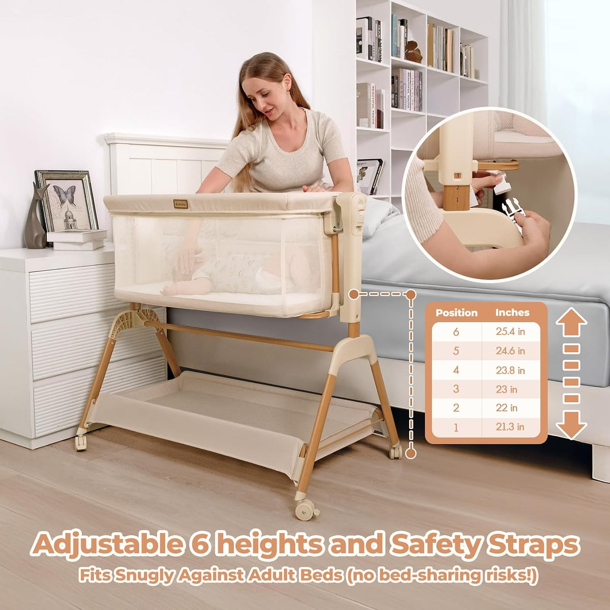 Ezebaby Baby Bassinet Bedside Sleeper: 3-in-1 Rocking Bassinet for Baby - Breathable Full-Mesh Crib with Mattress | 6 Height Adjustable | Portable Crib with Lockable Wheels for Newborns