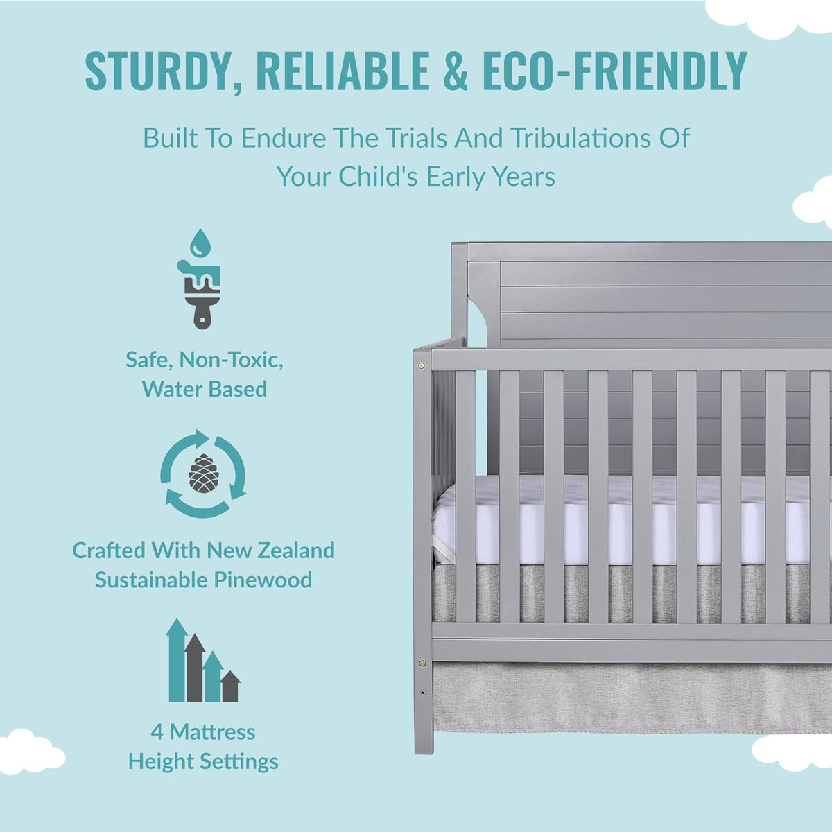 Dream On Me Cape Cod 5-In-1 Convertible Crib In Pebble Grey, Greenguard Gold And JPMA Certified, Built Of Sustainable New Zealand Pinewood, 3 Mattress Height Positions