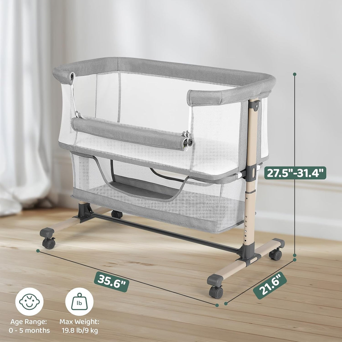 Cowiewie Bassinet Bedside Sleeper, Breathable and Adjustable, Light Grey
