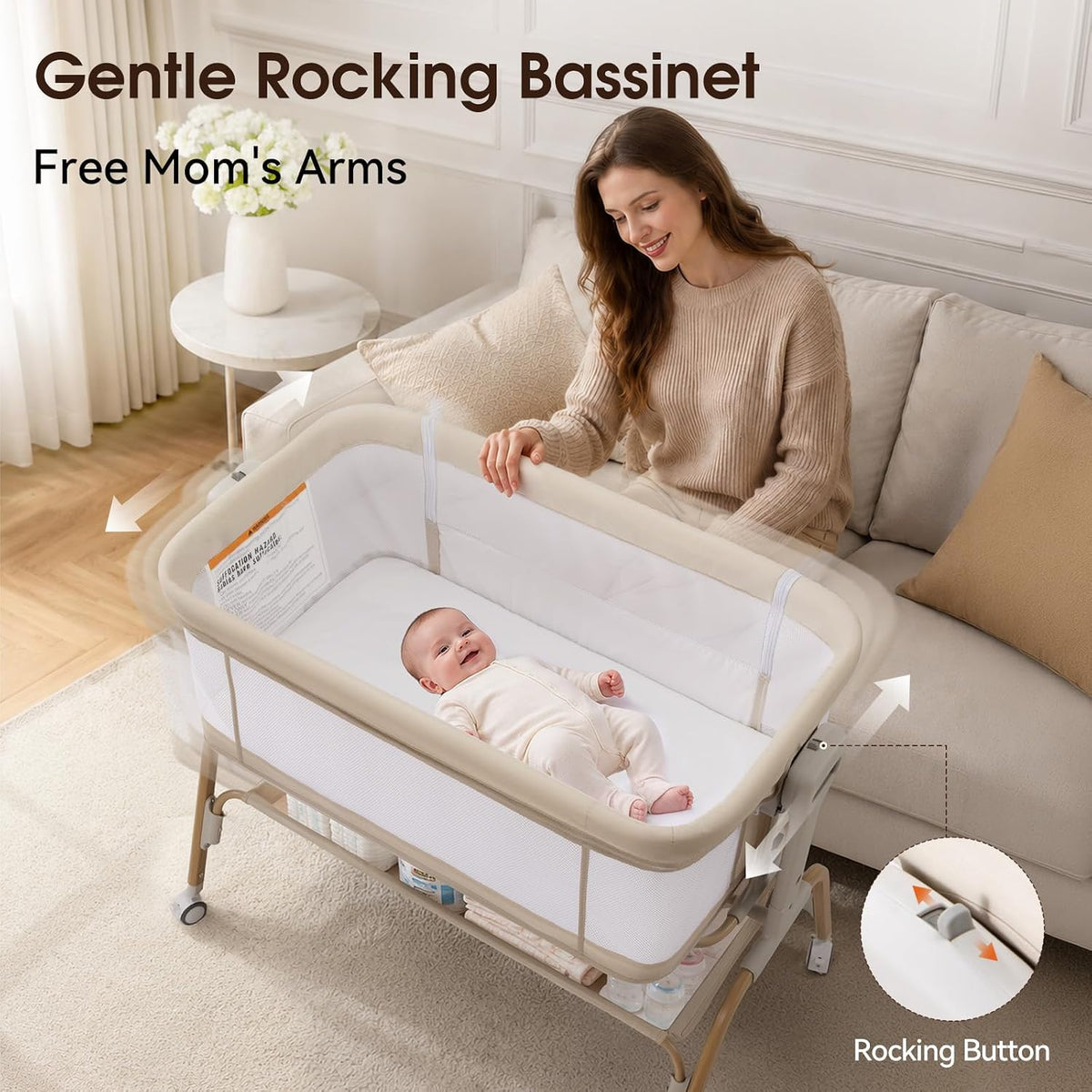 4 in 1 Baby Bassinet, Rocking Bassinet, Bedside Bassinet for Baby, Beige