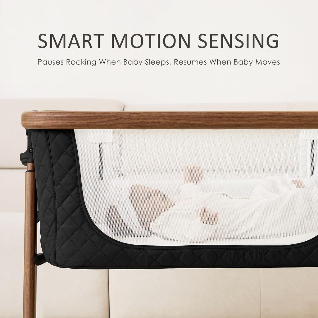 ANGELBLISS Electric Baby Bassinet, Auto Rocking Bedside Sleeper, 6 Heights with Mattress, Washable Sheet, Remote Control, 5 Speeds, 3 Timers, 12 Sounds, Wheels & Storage, Black