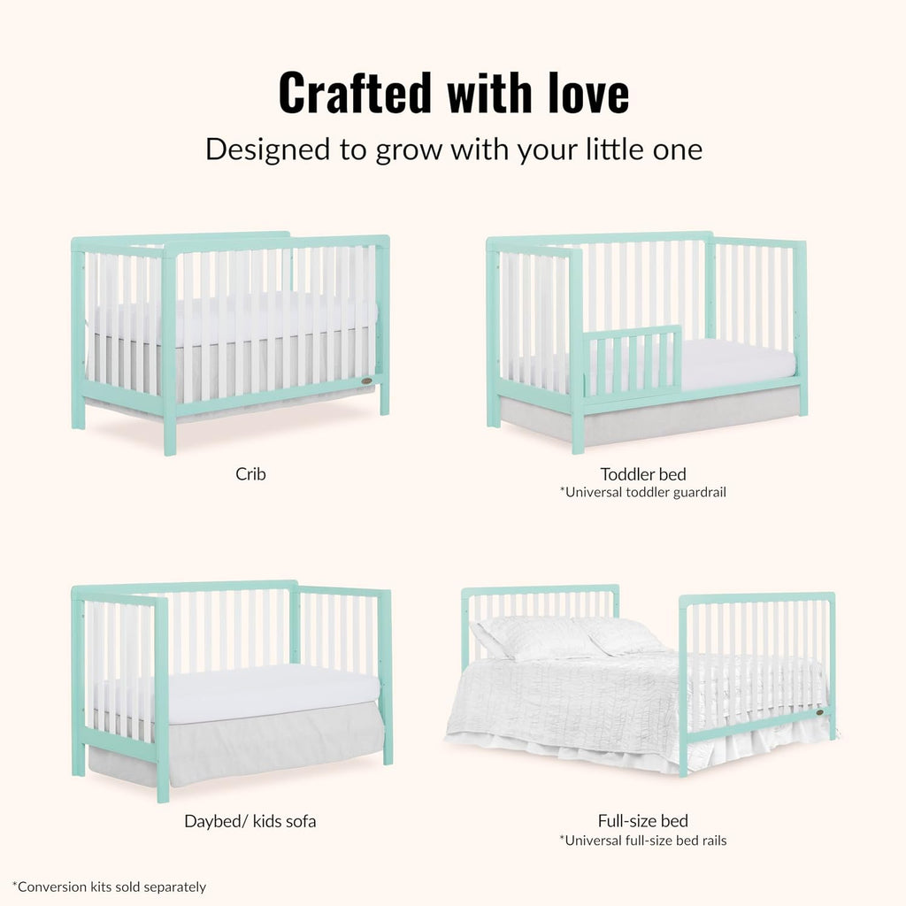 Dream On Me Ridgefield 5-in-1 Convertible Full-Size Baby Crib in Mint & White, GreenGuard Gold & JPMA, 4 Mattress Heights, Converts to Toddler, Day & Full-Size Bed, Solid Wood Design
