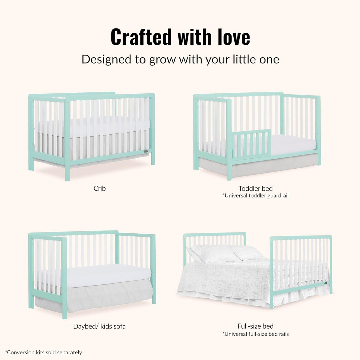 Dream On Me Ridgefield 5-in-1 Convertible Full-Size Baby Crib in Mint & White, GreenGuard Gold & JPMA, 4 Mattress Heights, Converts to Toddler, Day & Full-Size Bed, Solid Wood Design