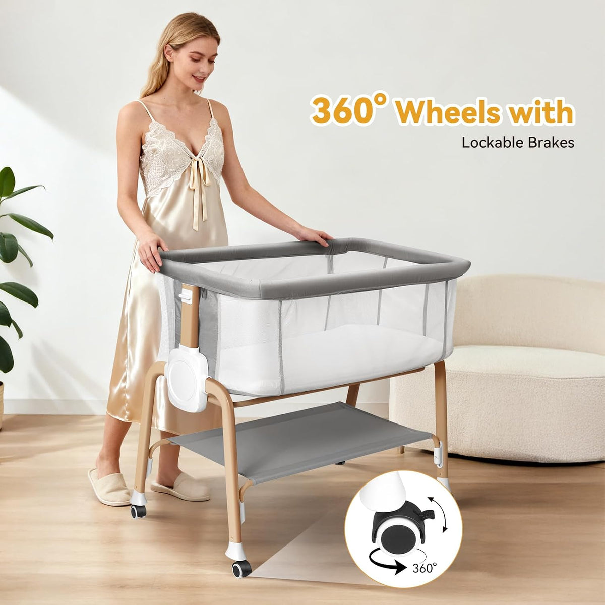 Bassinet Bedside Sleeper, Bedside Bassinet for Newborn, Baby Bassinet with 5 Adjustable Height, Rocking Bassinet with Wheels, Breathable Mesh & Mattress, Easy Folding Portable Bedside Crib(Gray)