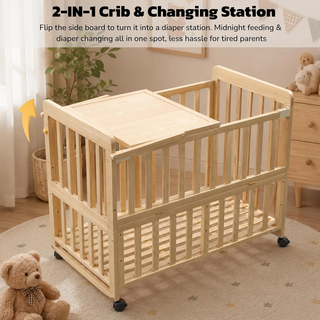 Baby Bassinets for Newborns, Solid Wood Mini Baby Crib, Natural
