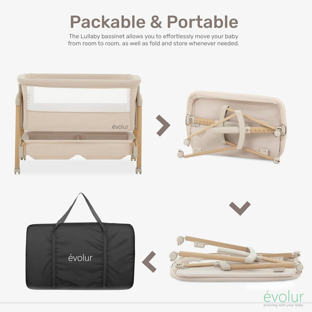 Evolur Lullaby Portable Bassinet with Wheels, Adjustable Bedside Sleeper, Breathable Mesh Sides, Large Storage Basket, Easy Fold, and Travel Bag Included, Perfect for Newborns & Infants - Biege