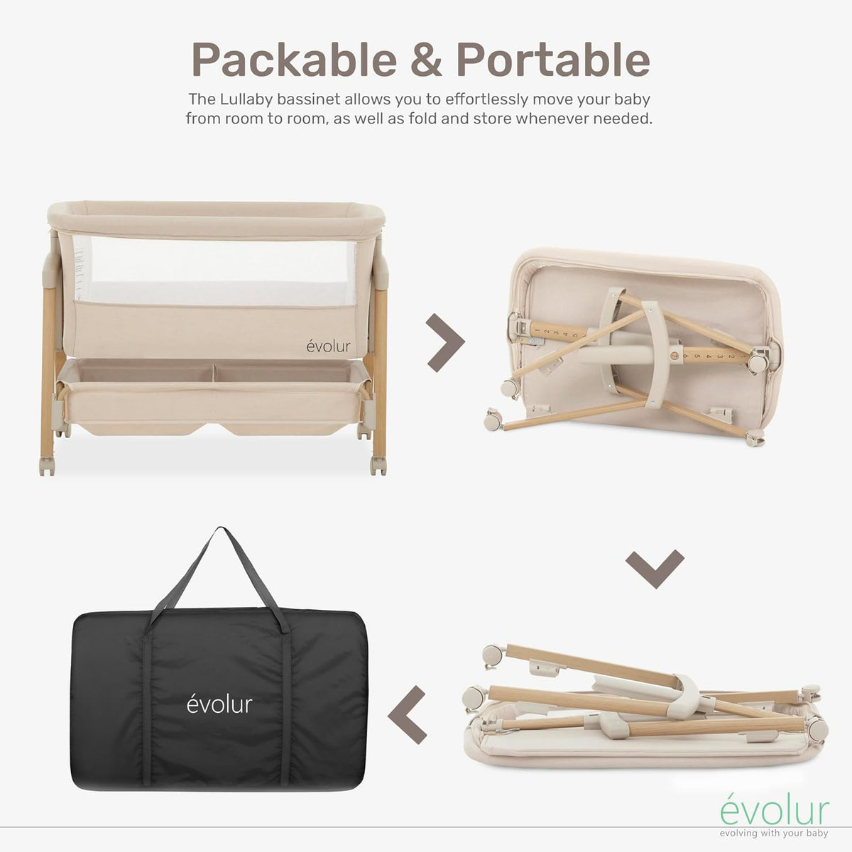 Evolur Lullaby Portable Bassinet with Wheels, Adjustable Bedside Sleeper, Breathable Mesh Sides, Large Storage Basket, Easy Fold, and Travel Bag Included, Perfect for Newborns & Infants - Biege
