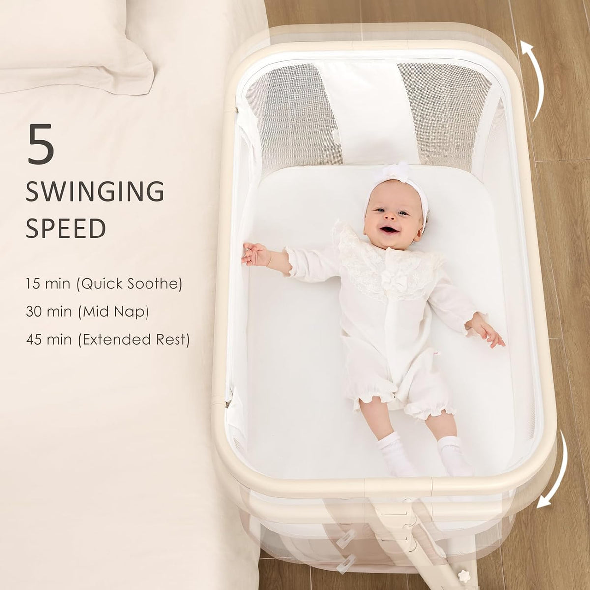 ANGELBLISS Electric Baby Bassinet, Auto Rocking Bedside Sleeper, 6 Heights with Mattress, Washable Sheet, Remote Control, 5 Speeds, 3 Timers, 12 Sounds, Wheels & Storage, Beige
