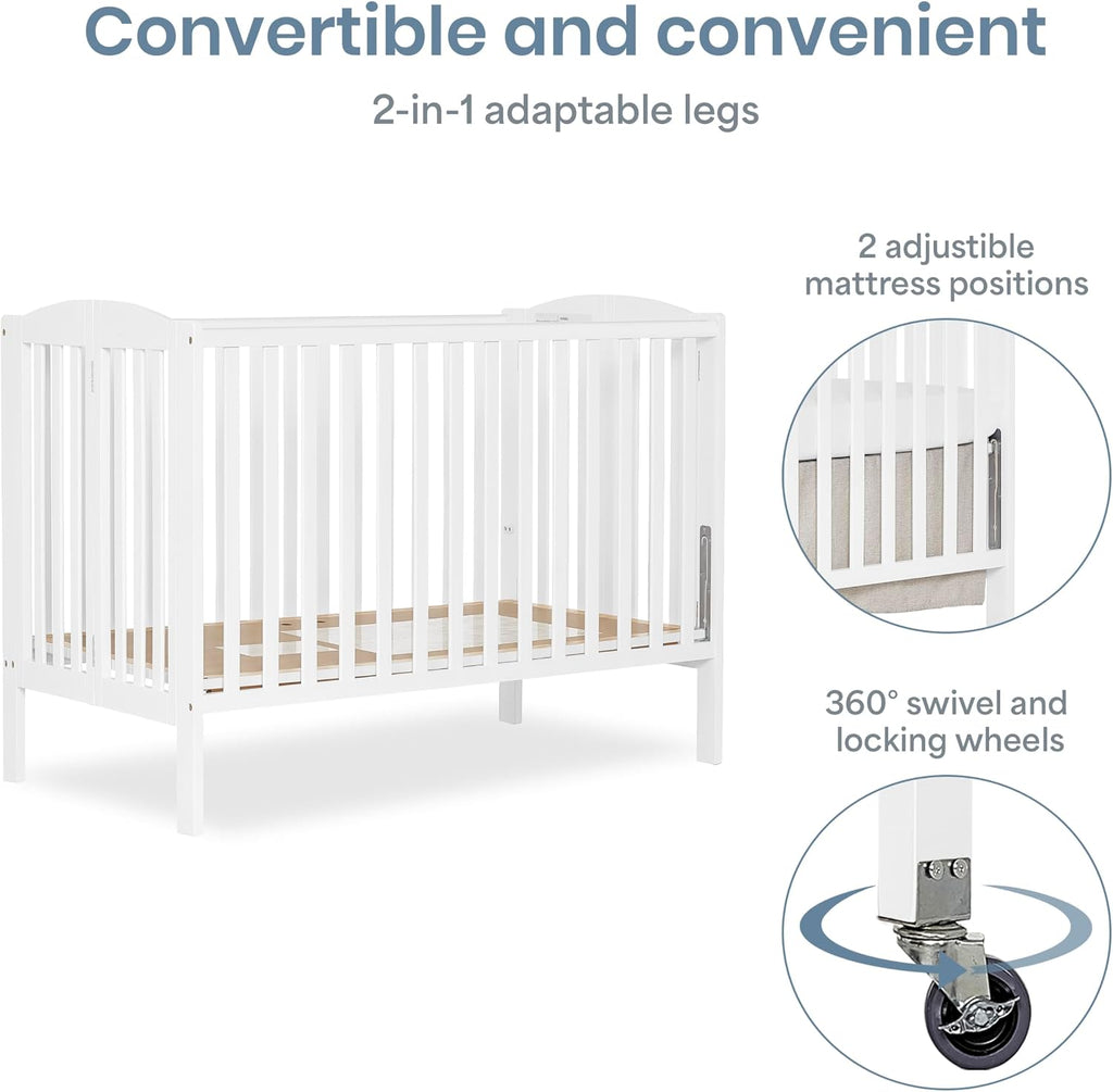 Dream On Me Folding Full Size Convenience Baby Crib with Durable Metal Wheels, Portable Space-Saving Design, 2 Adjustable Heights, Easy Fold Flat Storage, GREENGUARD Gold & BSA Certified, White