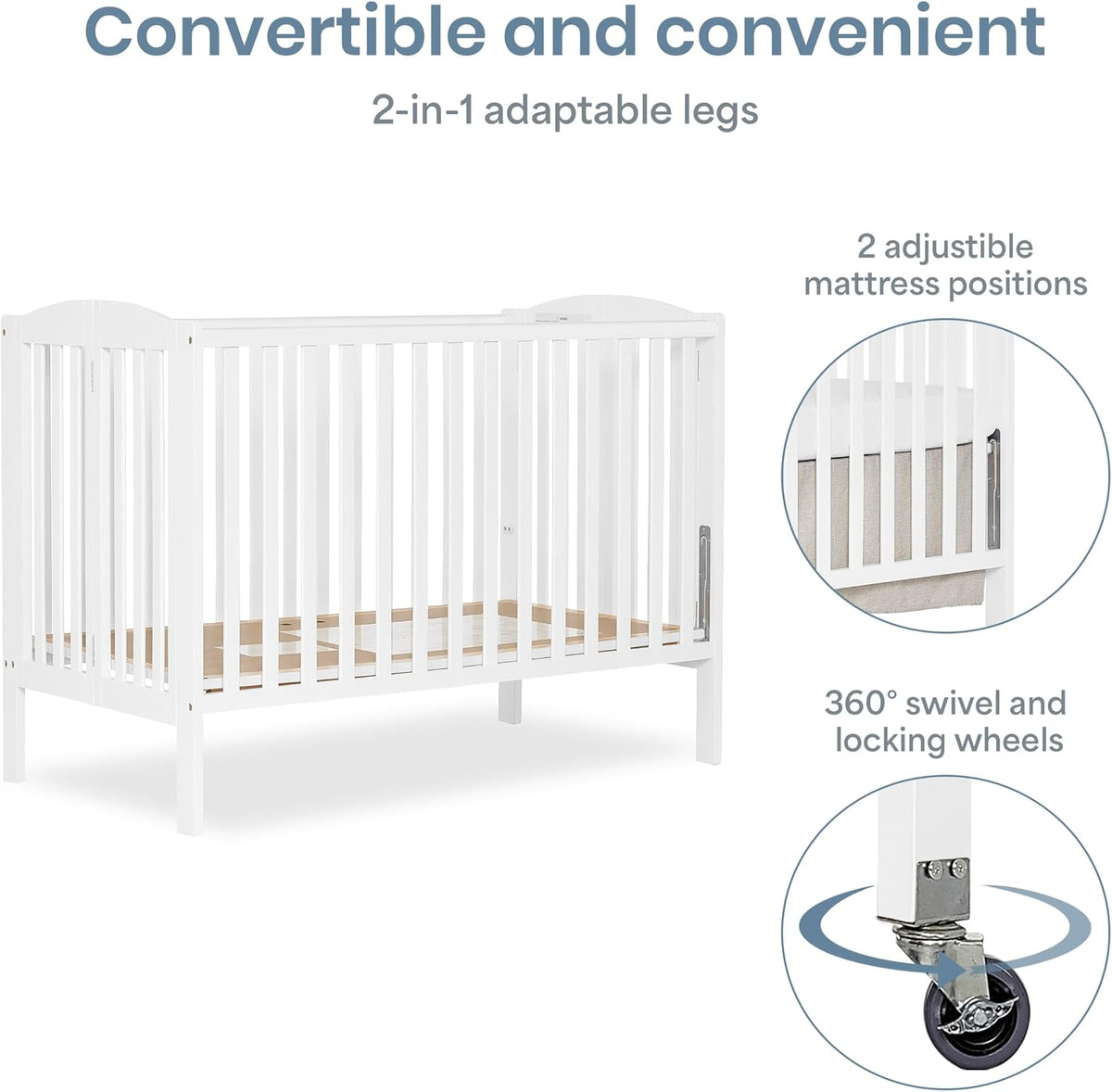 Dream On Me Folding Full Size Convenience Baby Crib with Durable Metal Wheels, Portable Space-Saving Design, 2 Adjustable Heights, Easy Fold Flat Storage, GREENGUARD Gold & BSA Certified, White