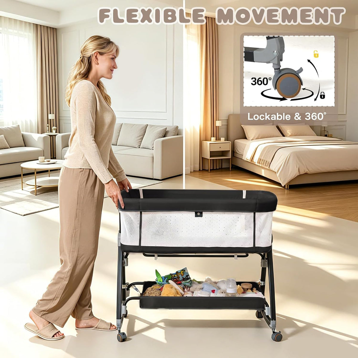Baby Bassinets Bedside Sleeper with Wheels and Mattress, Cosleeping Baby Bed with Storage, Co-Sleeper Bassinet Attach to Bed, Bed Side Crib with Breathable Mesh, Height Adjustable (Black)