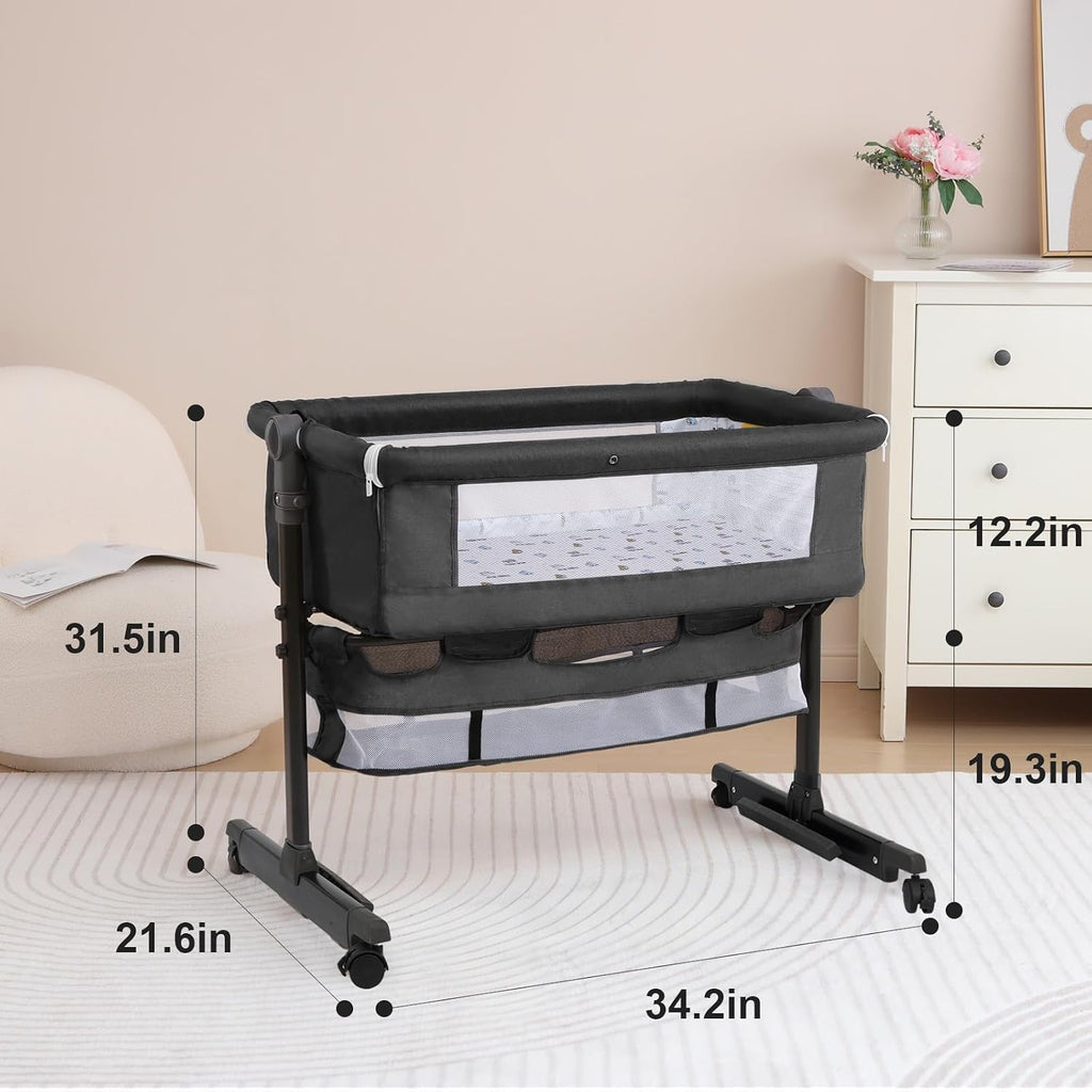 YADAQE Baby Cradle, Freestanding Bedside Bassinet, 3-in-1 Convertible Bassinet with 360° Swivel Wheels, 2026 New Model Adjustable, Easy-Fold Portable Neutral Baby Newborn Bassinet (Dark Gray)
