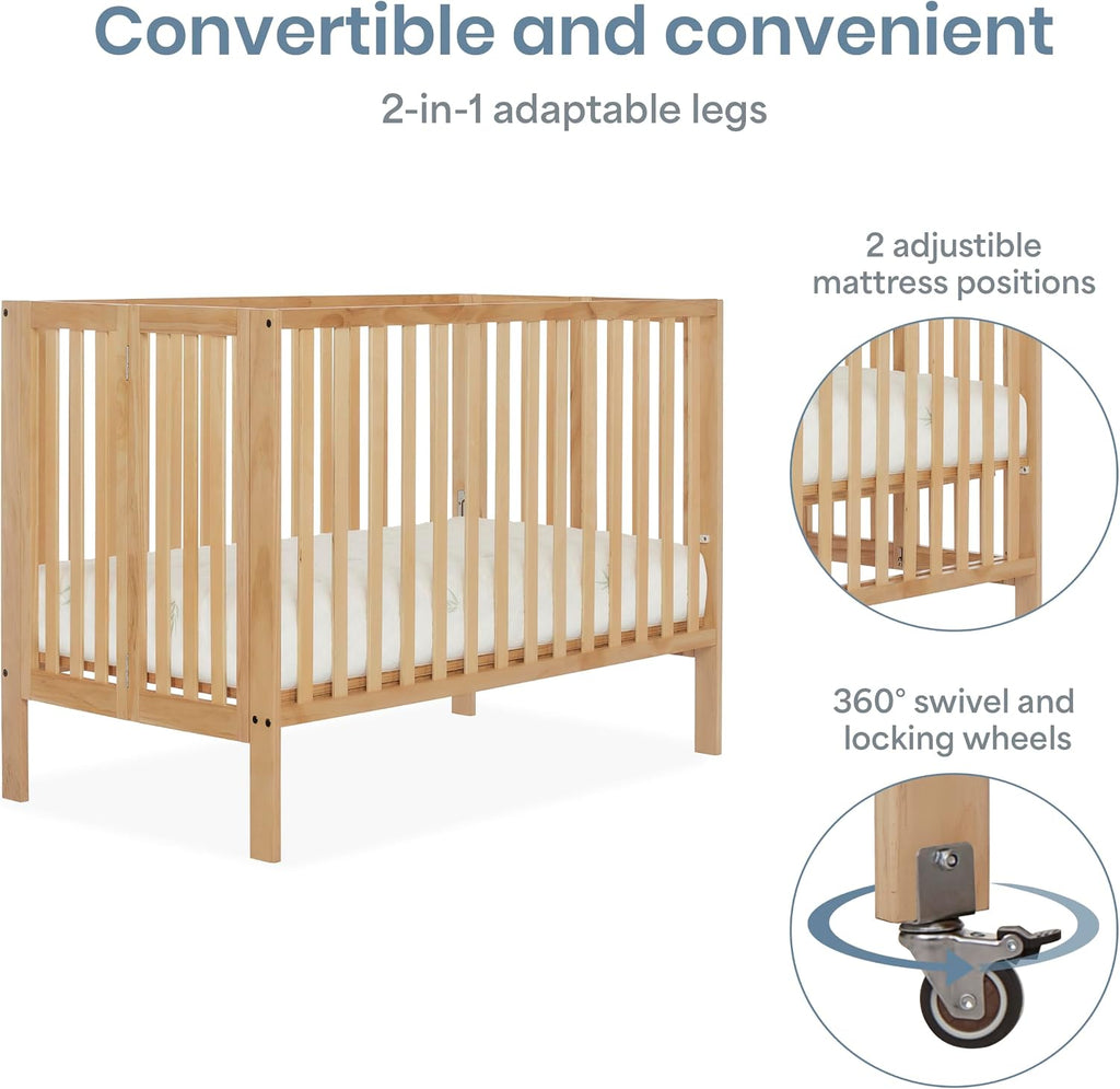 Dream On Me Quinn Full-Size Portable Baby Crib in Natural, GreenGuard Gold & JPMA, Patented Quick Fold System, Adjustable Mattress Support, Smooth Wheels, Compact Design, Safe Sleep Assurance
