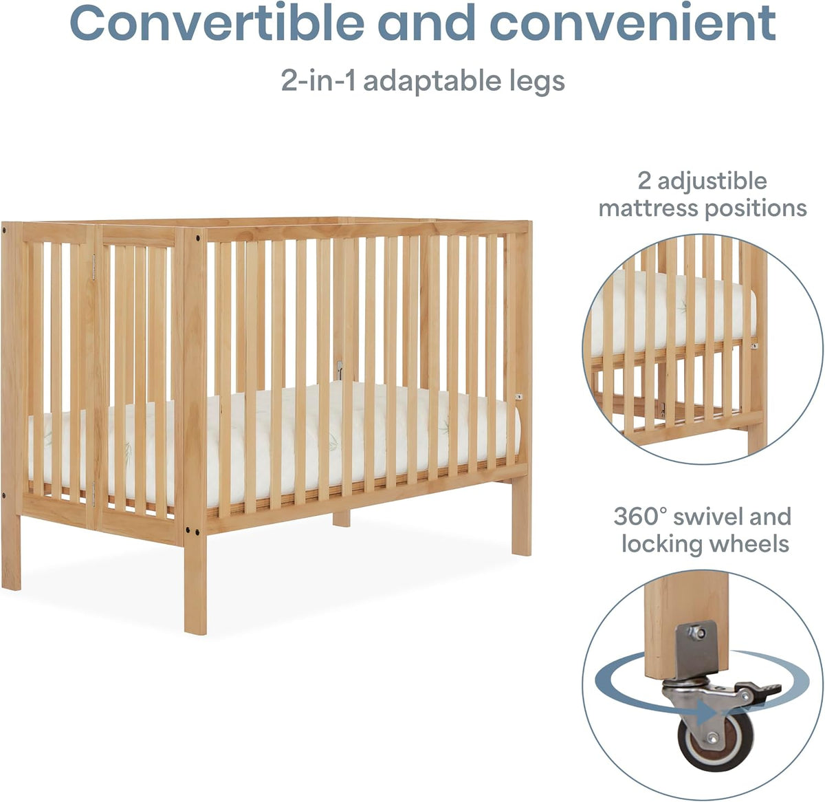Dream On Me Quinn Full-Size Portable Baby Crib in Natural, GreenGuard Gold & JPMA, Patented Quick Fold System, Adjustable Mattress Support, Smooth Wheels, Compact Design, Safe Sleep Assurance