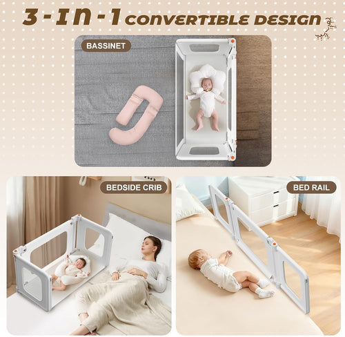 3 in 1 Bedside Bassinet, 69.26" x 19.29" Baby Bassinets Bedside Sleeper with Mosquito Net + Storage Bag + Child Lock, Baby Crib & Toddler Bed Rails for Twin, Full, Queen, King Size, Gray