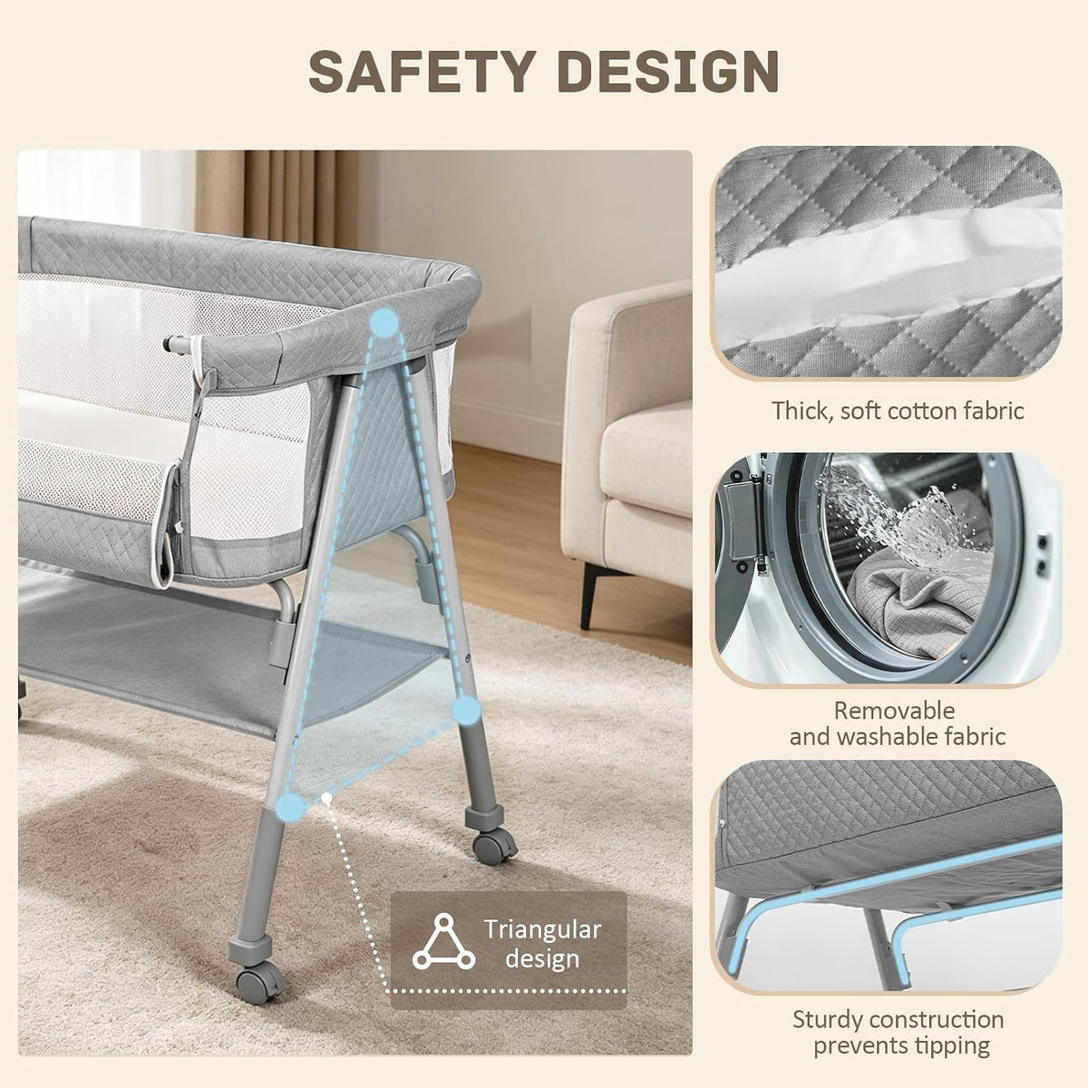 3-in-1 Baby Bassinet Bedside Sleeper for Newborn, Baby Crib Grey