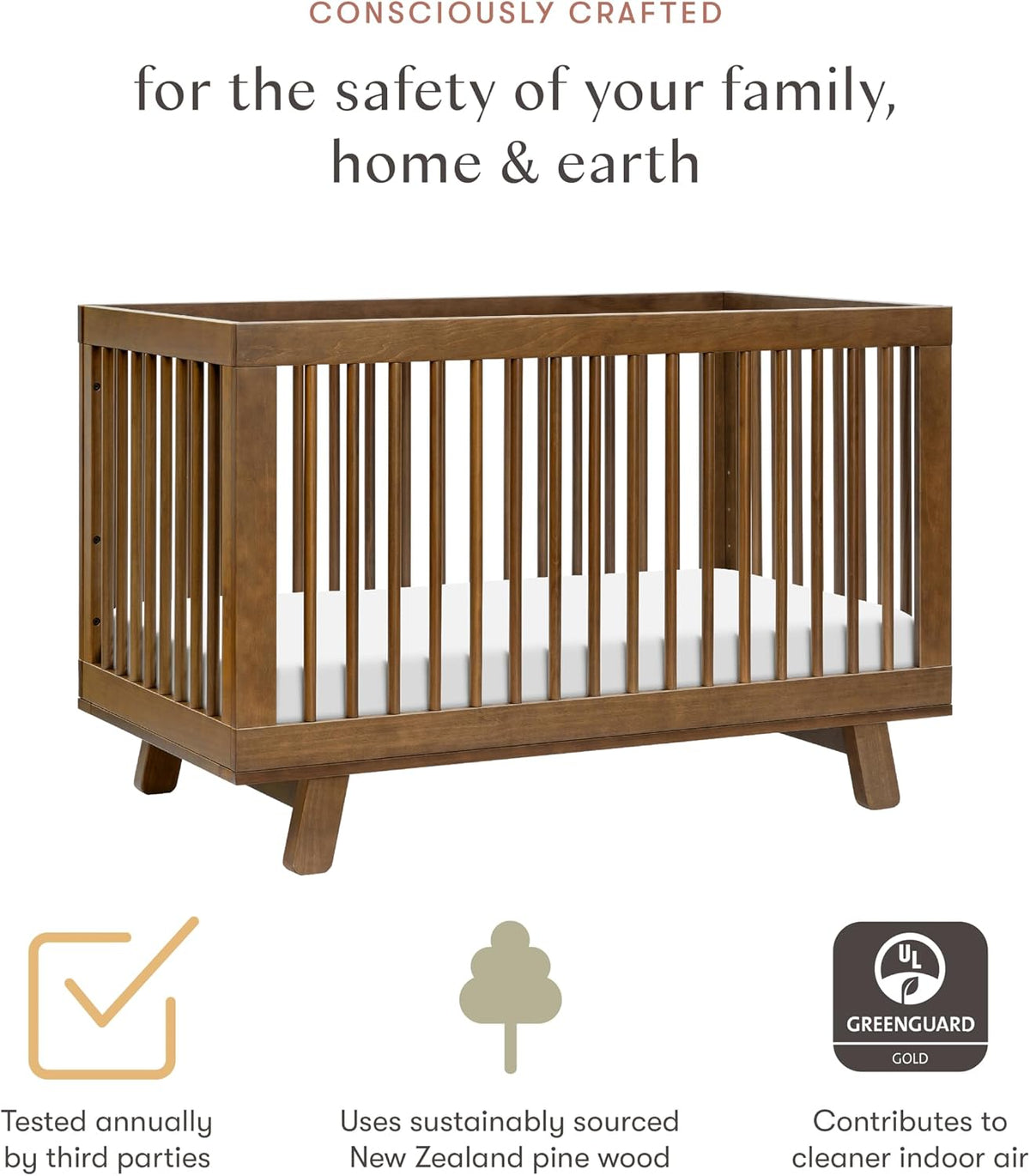 Babyletto Hudson 3-in-1 Convertible Baby Crib, Natural Walnut