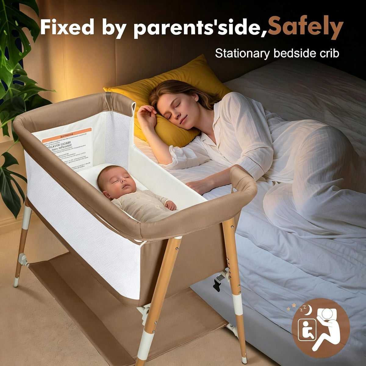 Baby Bassinet, 3 in 1 Bedside Bassinet Sleeper for Newborn, Portable Baby Crib with 4 Detachable Wheels & Adjustable Height, Breathable Mesh & Mattress, Mosquito Net& Storage Basket (Khaki)