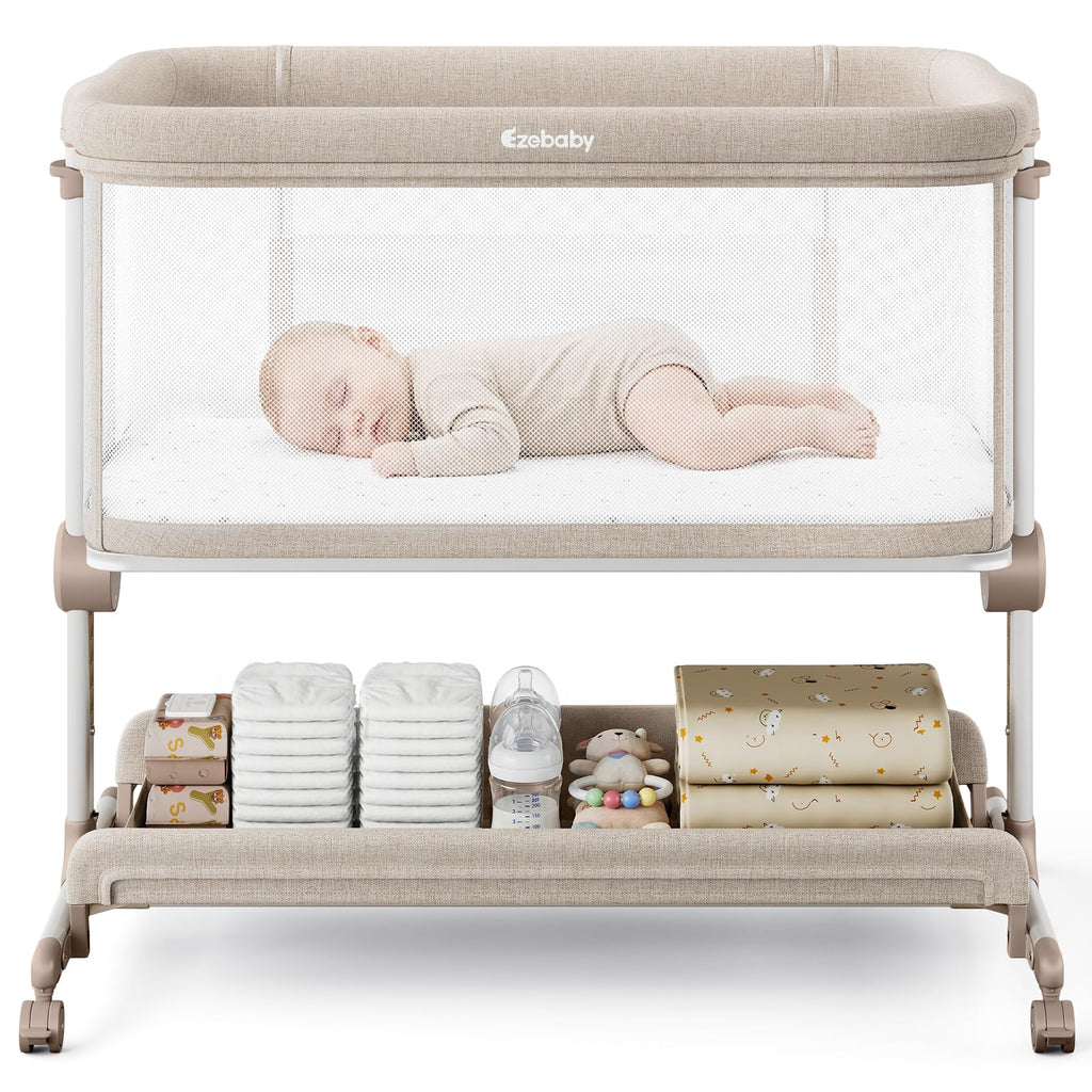 Ezebaby Baby Bassinets Bedside Sleeper, Portable Bedside Bassinet for Baby Newborn Infants with Adjustable 7 Heights and All Mesh Sides, Newborn Crib with Mattress and Soft, Breathable Sheet