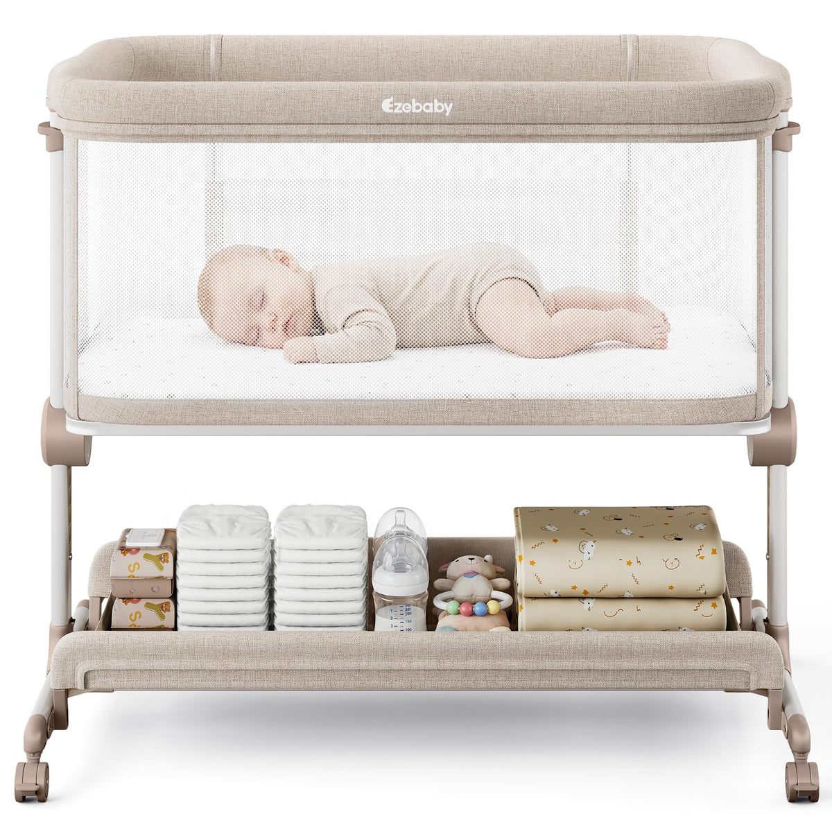 Ezebaby Baby Bassinets Bedside Sleeper, Portable Bedside Bassinet for Baby Newborn Infants with Adjustable 7 Heights and All Mesh Sides, Newborn Crib with Mattress and Soft, Breathable Sheet