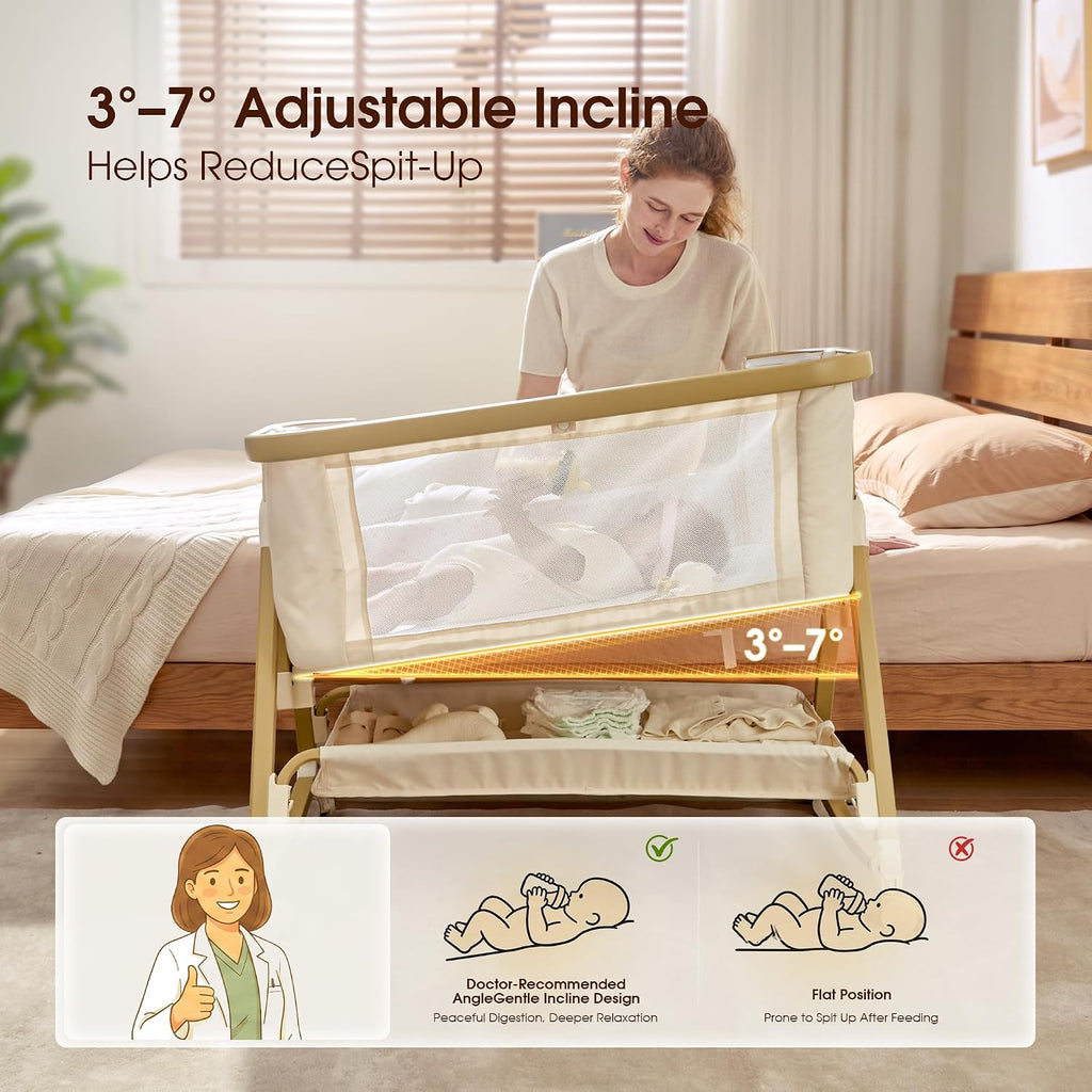 Maydolly Baby Bassinet Bedside Sleeper, Adjustable Rocking Bassinet, Beige
