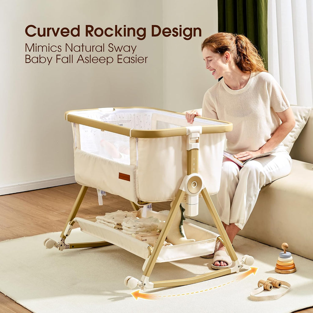 Maydolly Baby Bassinet Bedside Sleeper, Adjustable Rocking Bassinet, Beige