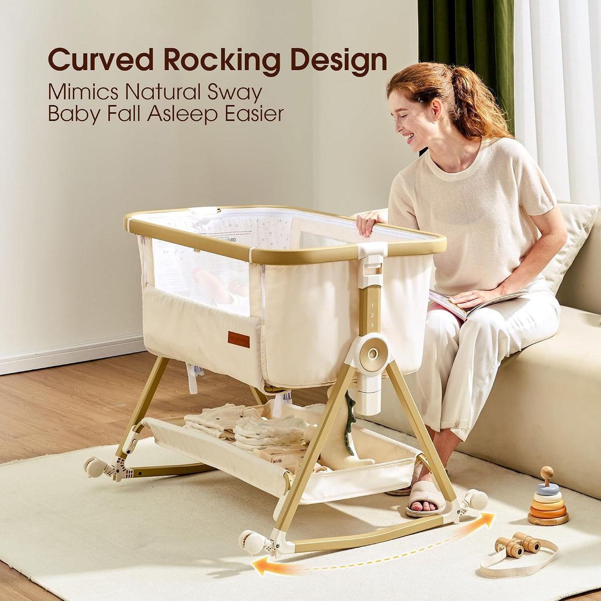 Maydolly Baby Bassinet Bedside Sleeper, Adjustable Rocking Bassinet, Beige