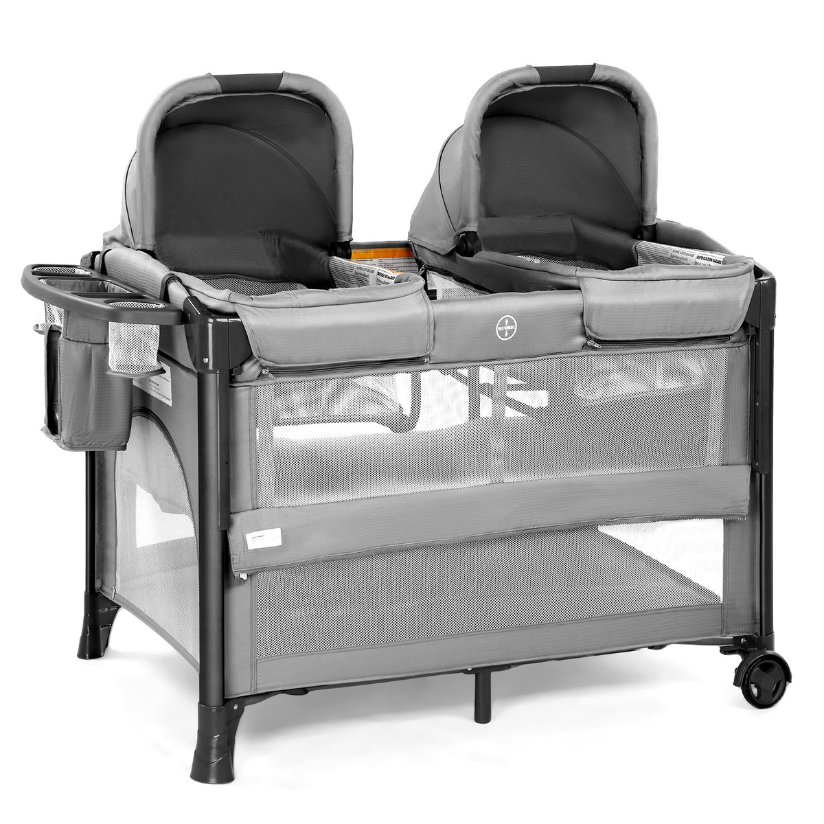 JOYMOR Twin Bassinet for Baby, Pink Bedside Bassinet, Convertible to Bedside Sleeper and Playpen, with Wheel, Brake, Foldable Side Sleeper