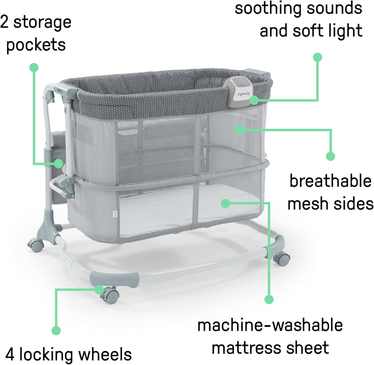 Ingenuity Dream & Grow Bedside Baby Bassinet with AirLoom Mattress, for Ages 0-12 Months, Adjustable Height - Handstitch (Grey)