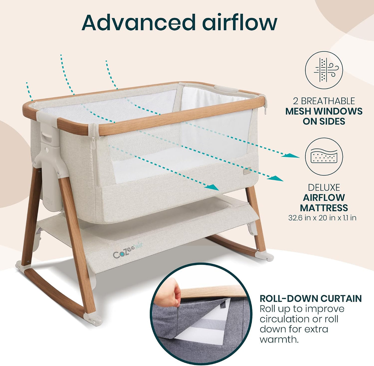 Tutti Bambini CoZee® Air Baby Bassinet & Bedside Sleeper, Walnut & Ecru