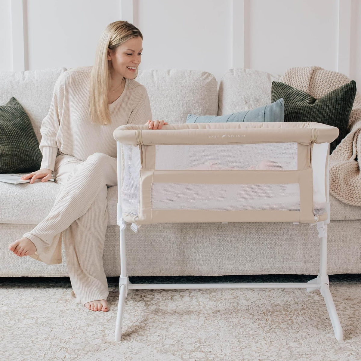 Baby Delight Beside Me Serenity Bassinet | Lightweight Bedside Sleeper & Baby Bassinet | 7-Position Height Adjustment | 100% GOTS Certified Organic Cotton Fabric | Organic Oat