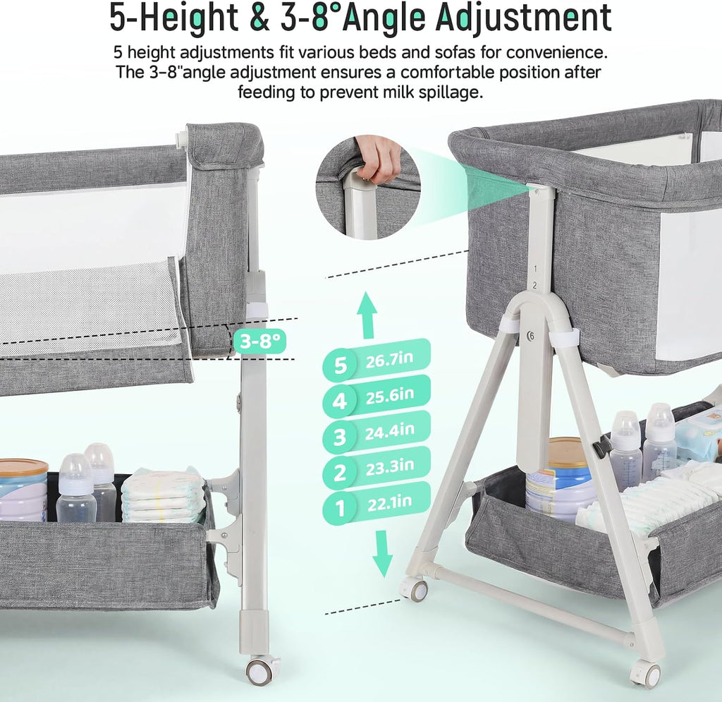Cowiewie Baby Bassinet Bedside Crib,3-in-1 Baby Bassinet with Comfy Mattress & Wheel,Easy Folding Portable Bedside Bassinet for Baby with Storage,Travel Bag,Breathable Mesh,Stable & Secure,Light Grey