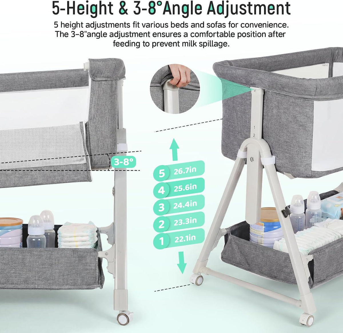 Cowiewie Baby Bassinet Bedside Crib,3-in-1 Baby Bassinet with Comfy Mattress & Wheel,Easy Folding Portable Bedside Bassinet for Baby with Storage,Travel Bag,Breathable Mesh,Stable & Secure,Light Grey