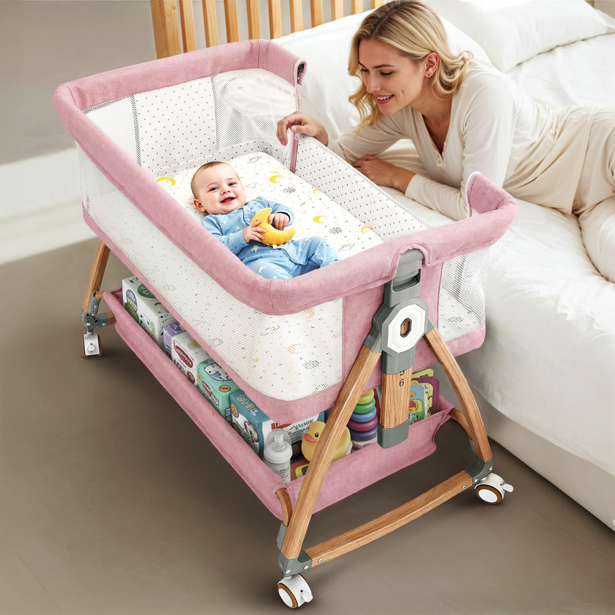 Earth&ME Baby Bassinet Bedside Sleeper with Rocking - All Mesh Portable Bedside Crib for Safe Co-Sleeping, Storage Basket and Wheels, Adjustable Height, Includes Travel Bag, Mosquito Net (Whate, Grey)