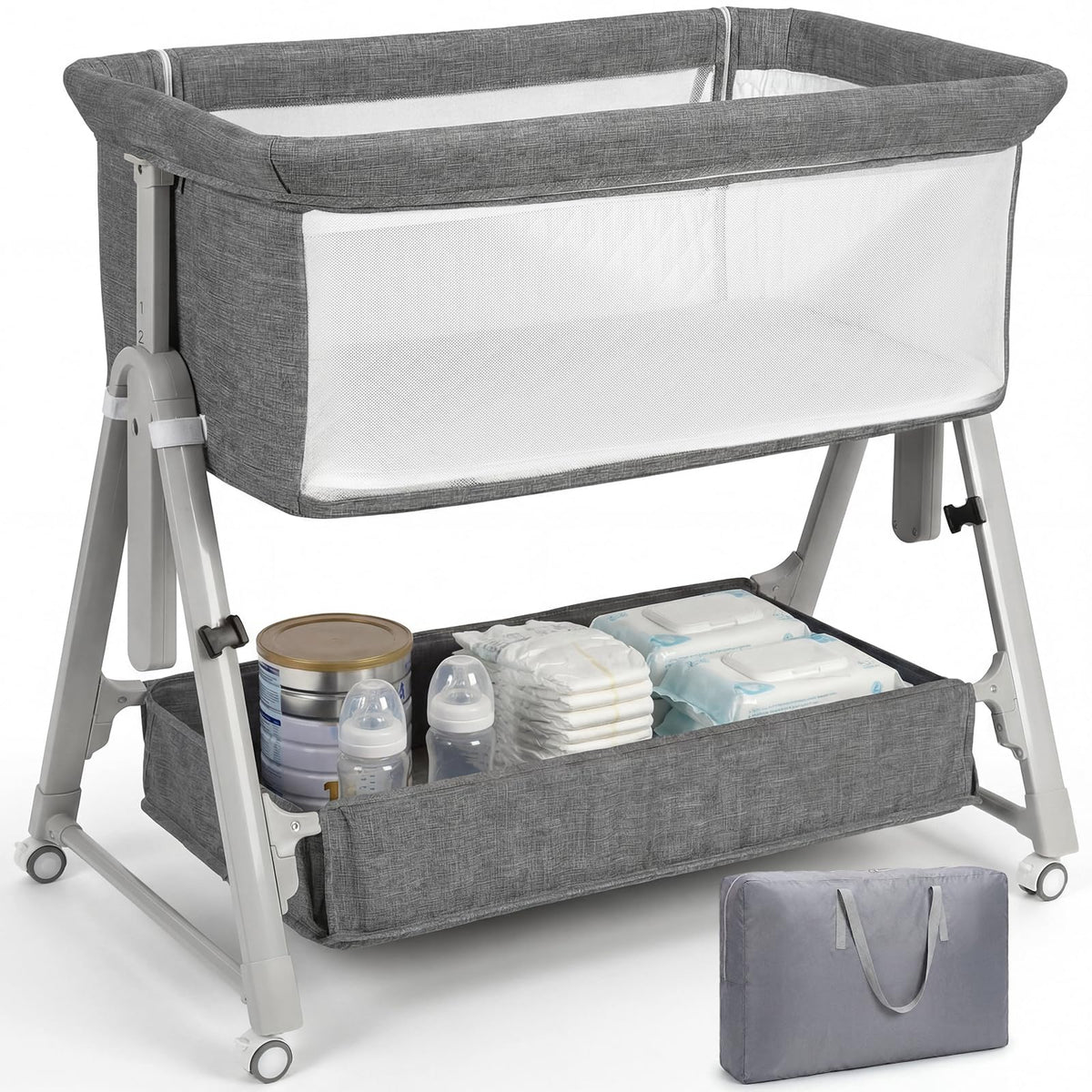 Cowiewie Baby Bassinet Bedside Crib,3-in-1 Baby Bassinet with Comfy Mattress & Wheel,Easy Folding Portable Bedside Bassinet for Baby with Storage,Travel Bag,Breathable Mesh,Stable & Secure,Light Grey