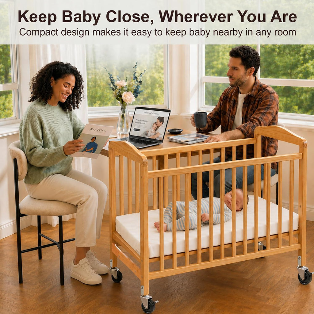 L.A. Baby Wooden Crib, Portable Mini Crib with Mattress Included