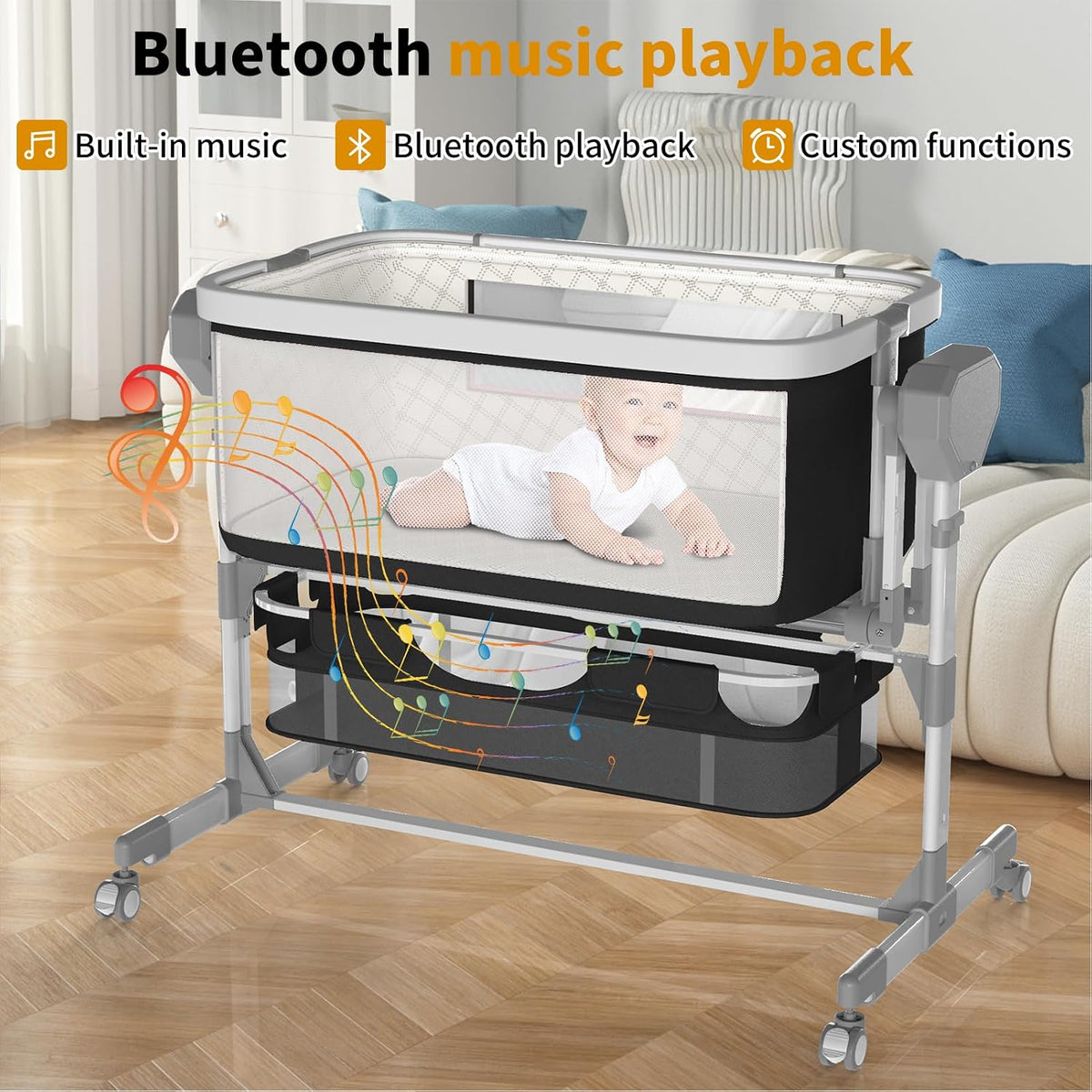 Rocking Bassinet for Baby, Electric Bassinet Automatic 5 Rocking Motion Bassinet Bedside Sleeper for Newborn, Auto Rolling Baby Cradle 6 Height Adjustable with 4 Lullabies, Wheels, Storage