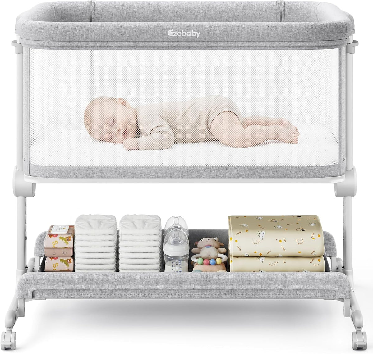 Ezebaby Baby Bassinets Bedside Sleeper, Portable Bedside Bassinet for Baby Newborn Infants with Adjustable 7 Heights and All Mesh Sides, Newborn Crib with Mattress and Soft, Breathable Sheet